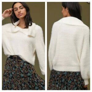 Anthropologie Maeve Collared Eyelash Sweater Womens XS White Fuzzy Knit Pullover